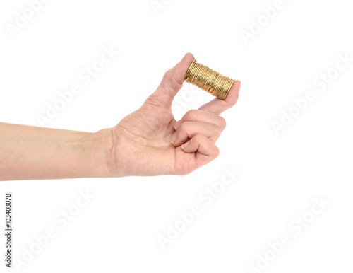 Women hand with coins isolated on white background