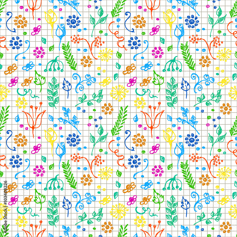 Seamless vector pattern, background with flowers and leaves on the checkered paper. Hand sketch drawing. Imitation of ink pencilling. Series of Hand Drawn Patterns.