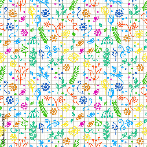 Seamless vector pattern, background with flowers and leaves on the checkered paper. Hand sketch drawing. Imitation of ink pencilling. Series of Hand Drawn Patterns. © Valentain Jevee