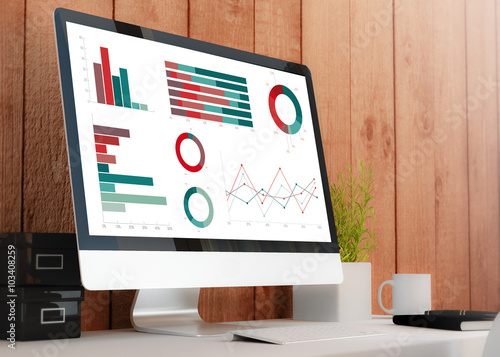 modern workspace with computer showing graphs and charts photo