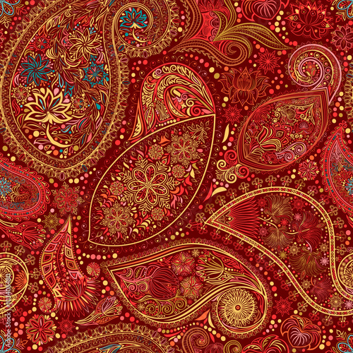 Paisley vintage floral motif ethnic seamless background. Abstract lace pattern. Ability to edit the colors, without losing seamlessly. Hand drawing colorful wallpaper. EPS-8 vector texture.
