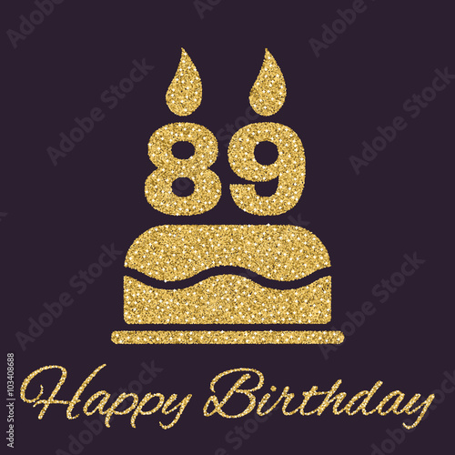 The birthday cake with candles in the form of number 89 icon. Birthday symbol. Gold sparkles and glitter