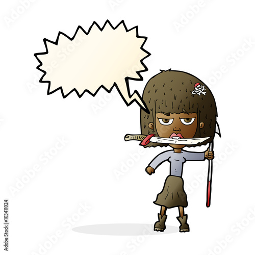 cartoon woman with knife and harpoon with speech bubble