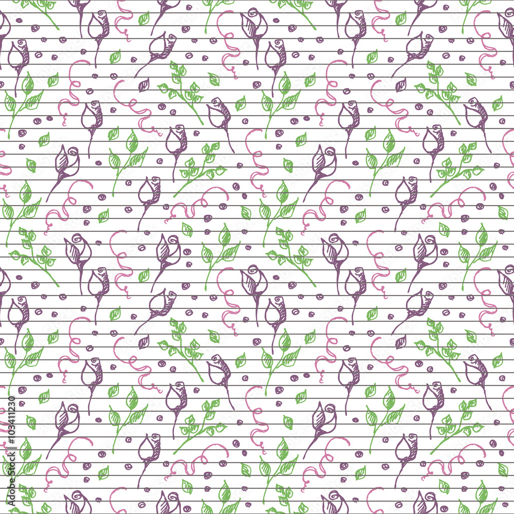 Seamless vector pattern, background with roses, branches and leaves on the lined white backdrop. Hand sketch drawing. Imitation of ink pencilling. Series of Hand Drawn Patterns.