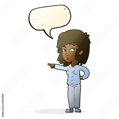 cartoon woman pointing with speech bubble