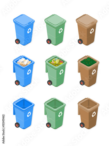 A vector isometric illustration of Garbage Bins.
Generic Trash cans with waste, ready for garbage collection.