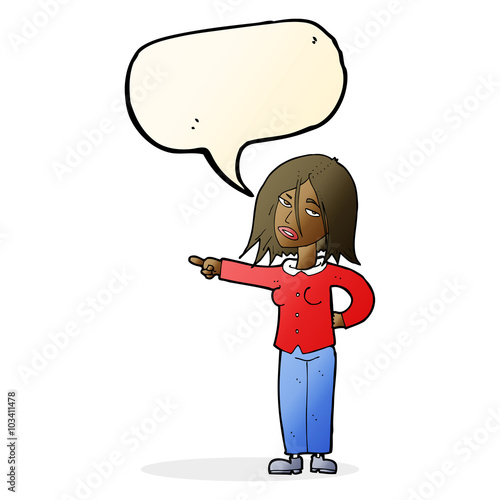 cartoon woman pointing with speech bubble