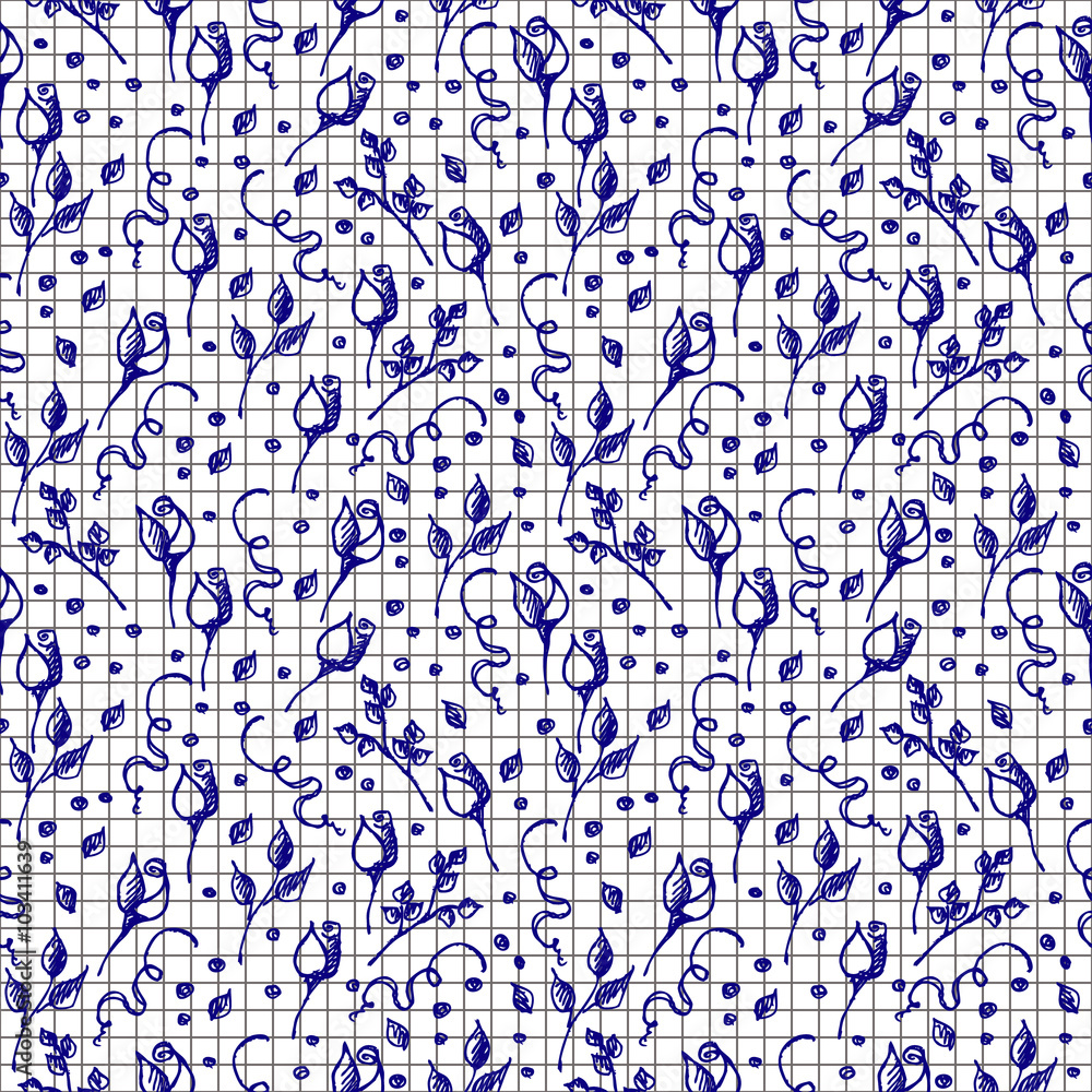 Seamless vector pattern, background with roses, branches and leaves on the chekered white paper. Hand sketch drawing. Imitation of ink pencilling. Series of Hand Drawn Patterns. Seamless vector pattern, background with roses, branches and leaves on the chekered white paper. Hand sketch drawing. Imitation of ink pencilling. Series of Hand Drawn Patterns.