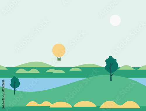 Seamless Cartoon Nature Landscape with Balloon, Vector Illustration