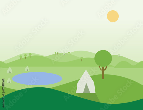 Seamless Cartoon Nature Landscape with Tents, Vector Illustration
