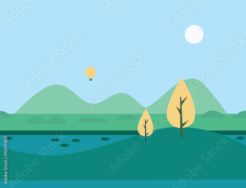 Seamless Cartoon Nature River Landscape, Vector Illustration