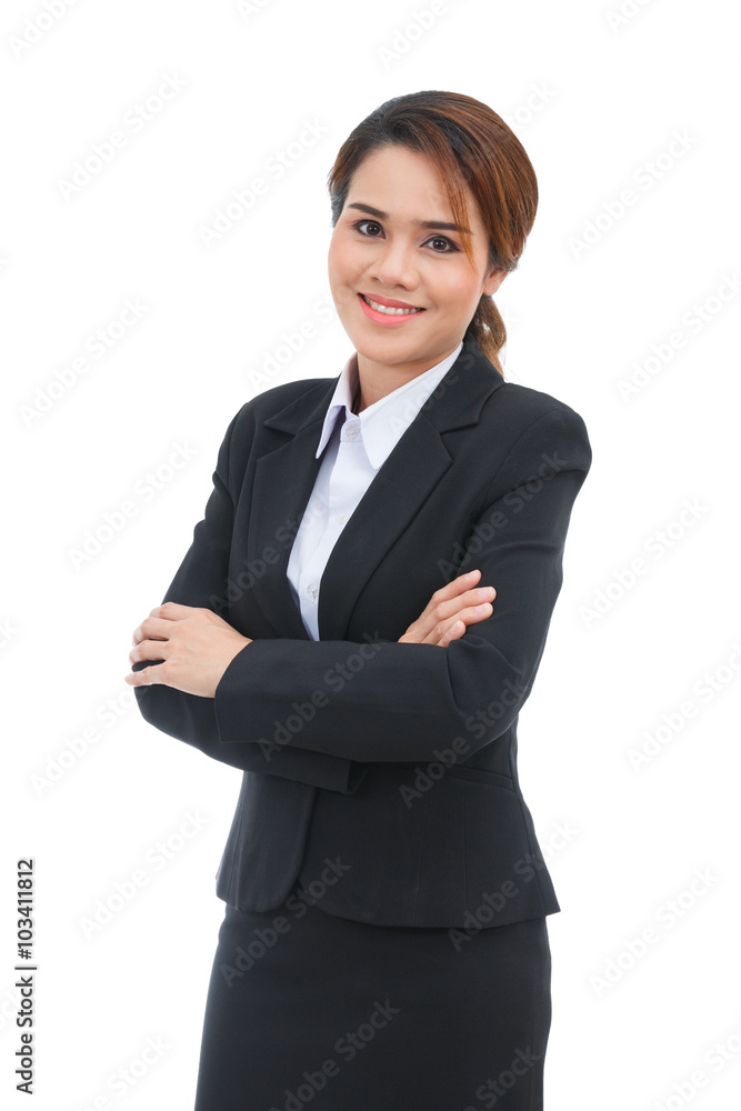 Asian business woman with arms folded smiling isolated on white Asian business woman with arms folded smiling isolated on white