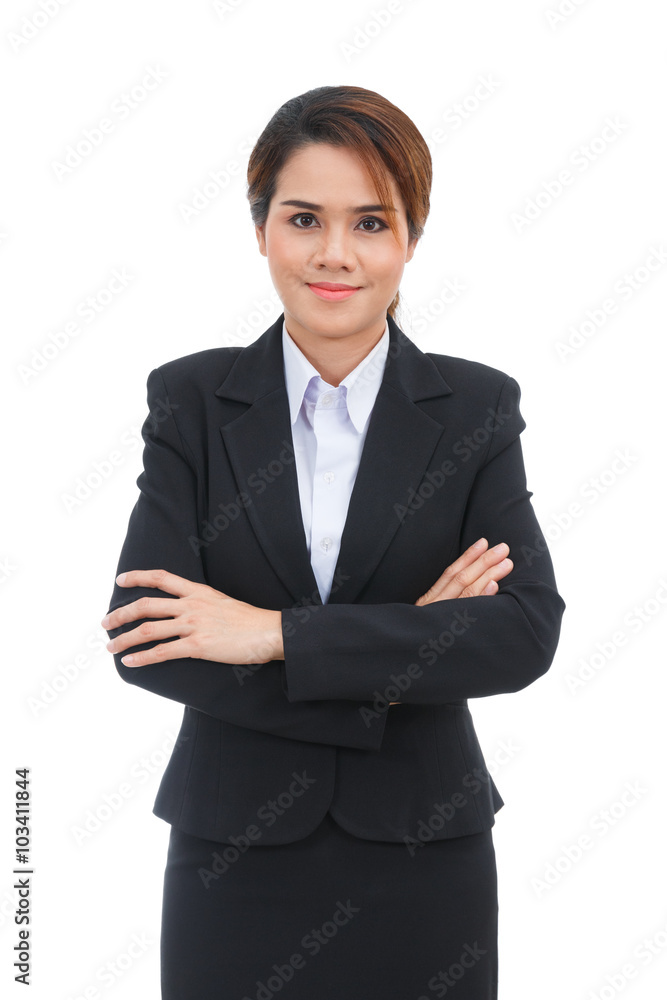 Asian business woman with arms folded smiling isolated on white Asian business woman with arms folded smiling isolated on white