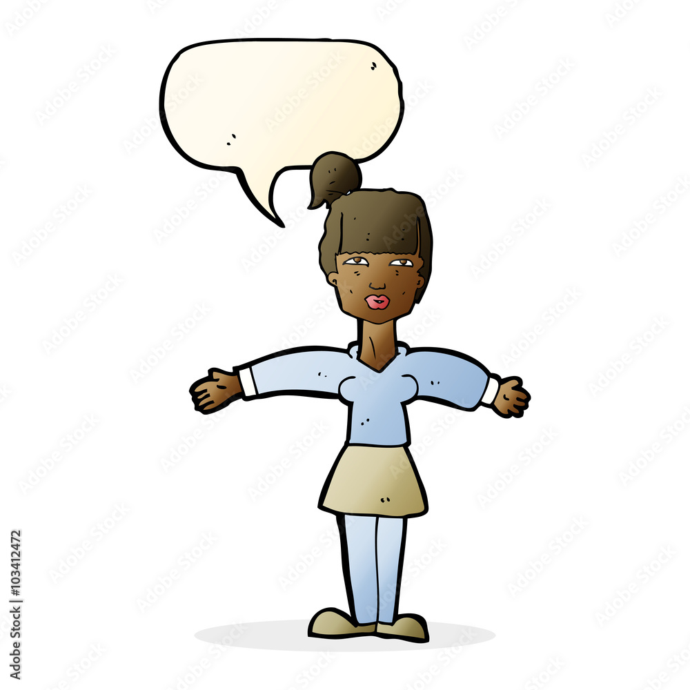 cartoon woman shrugging shoulders with speech bubble cartoon woman shrugging shoulders with speech bubble