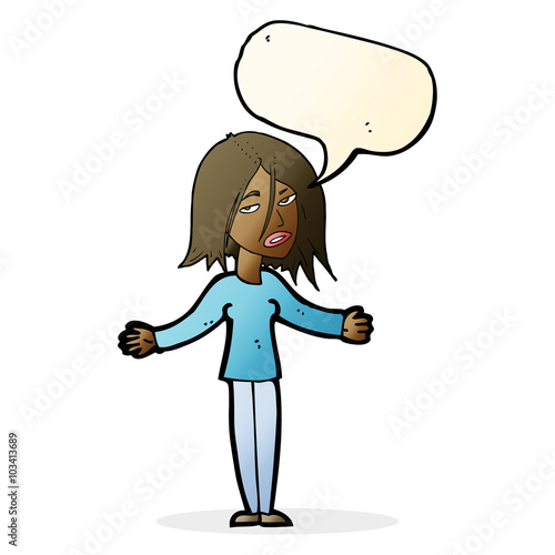 cartoon woman shrugging shoulders with speech bubble