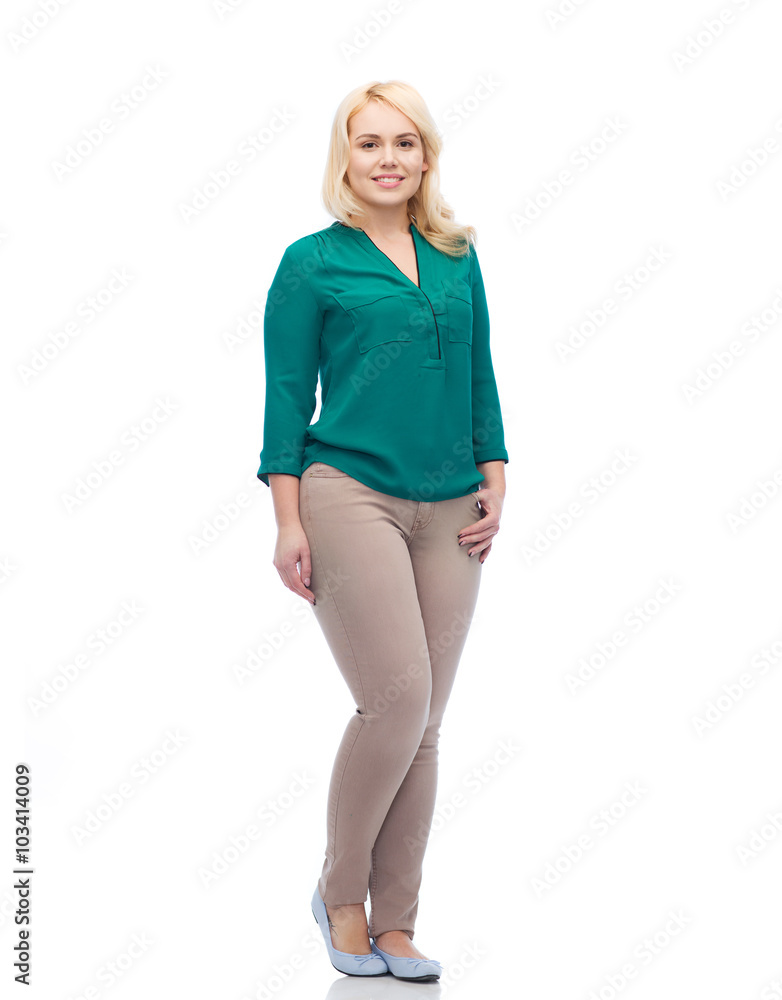 smiling young woman in shirt and trousers smiling young woman in shirt and trousers