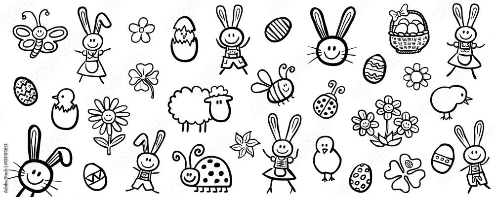 Fototapeta premium Doodle-Set: Ostersymbole / handgezeichnet, schwarz-weiß, Vektor, freigestellt