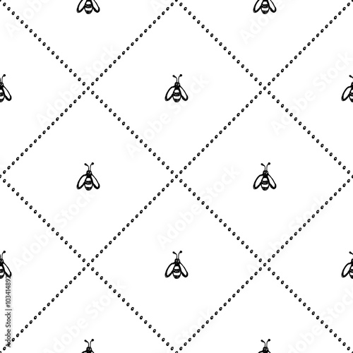 Seamless vector pattern, background with cute wasps on the white backdrop. Hand sketch drawing. Imitation of ink pencilling. Series of Insects and Hand Drawn Patterns.