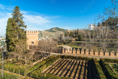 View of the fortress wall, Generalife and Albaicín from the Alhambra. Granada. Spain
