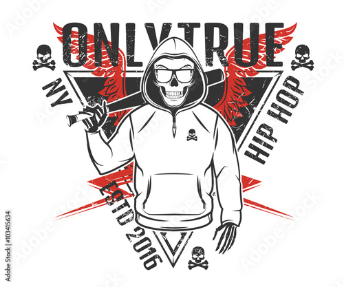 Set of rap skull and hip hop skeleton black and white style for print t shirt
