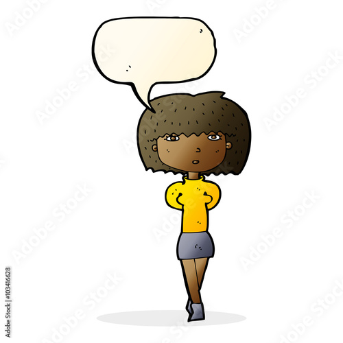 cartoon shy woman with speech bubble