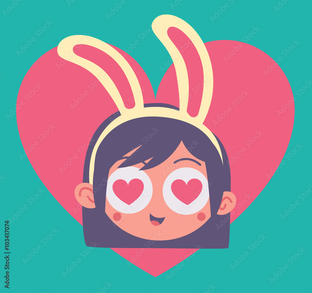 Fototapeta premium Cartoon Bunny Girl Madly in Love