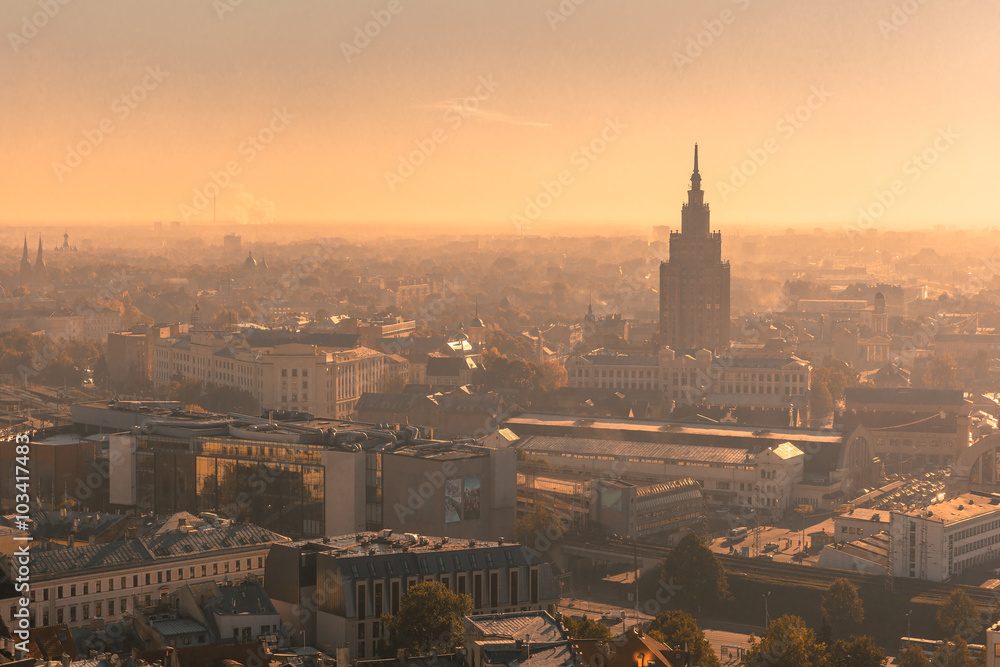 Fototapeta premium Aerial view backlit of Old Town with Latvian Academy of Sciences in the morning, Riga, Latvia