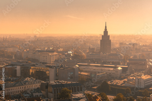 Aerial view backlit of Old Town with Latvian Academy of Sciences in the morning, Riga, Latvia