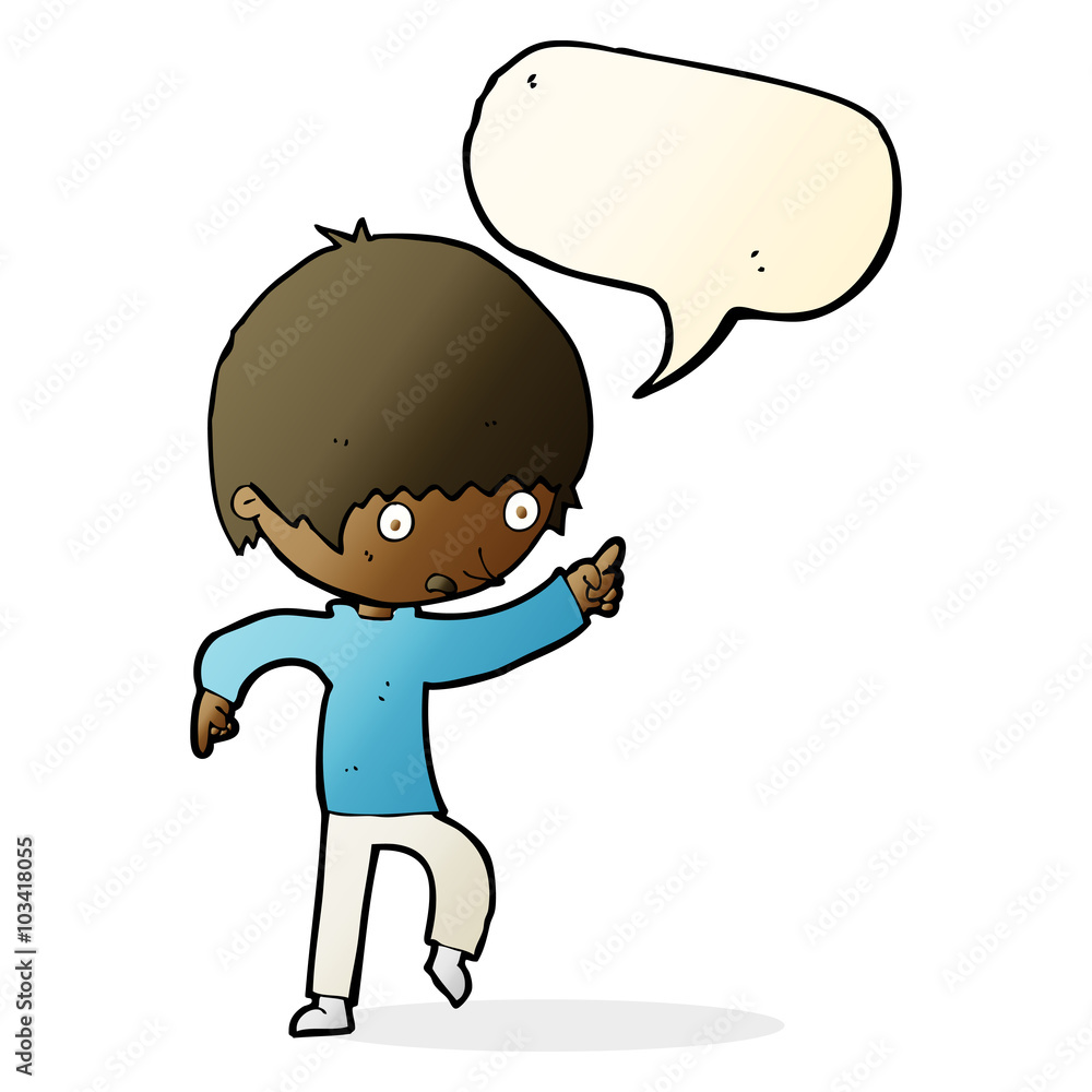 cartoon worried boy pointing with speech bubble