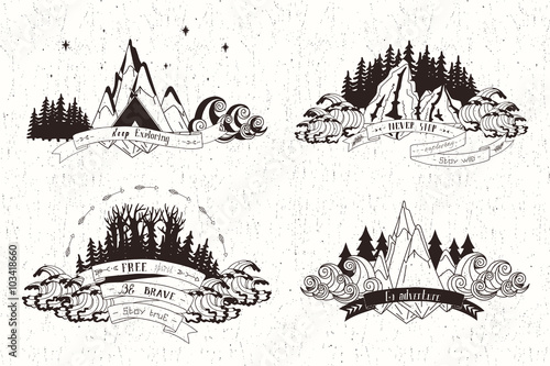 Set of hand drawn posters with quotes about adventures.