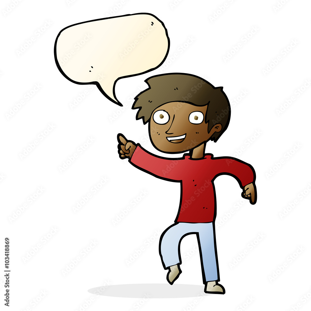 cartoon happy boy pointing with speech bubble cartoon happy boy pointing with speech bubble