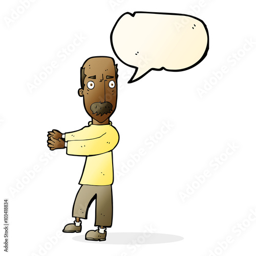 cartoon balding man explaining with speech bubble