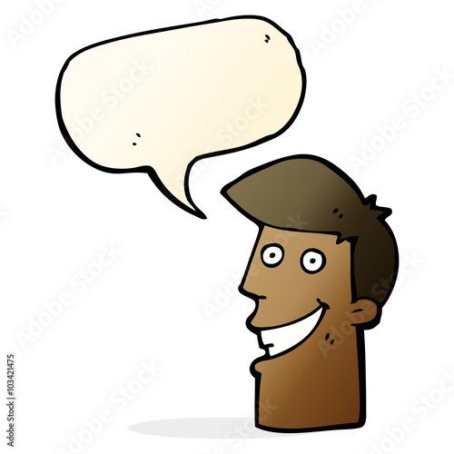 cartoon grinning man with speech bubble