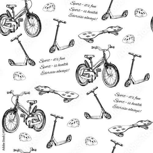 seamless pattern of hand drawn baby bike, scooter, wave board an