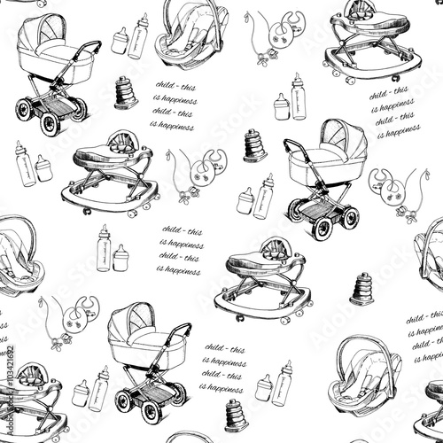 seamless pattern hand drawn baby pram, baby walker, bib, bottles
