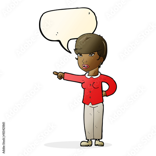 cartoon woman pointing finger of blame with speech bubble