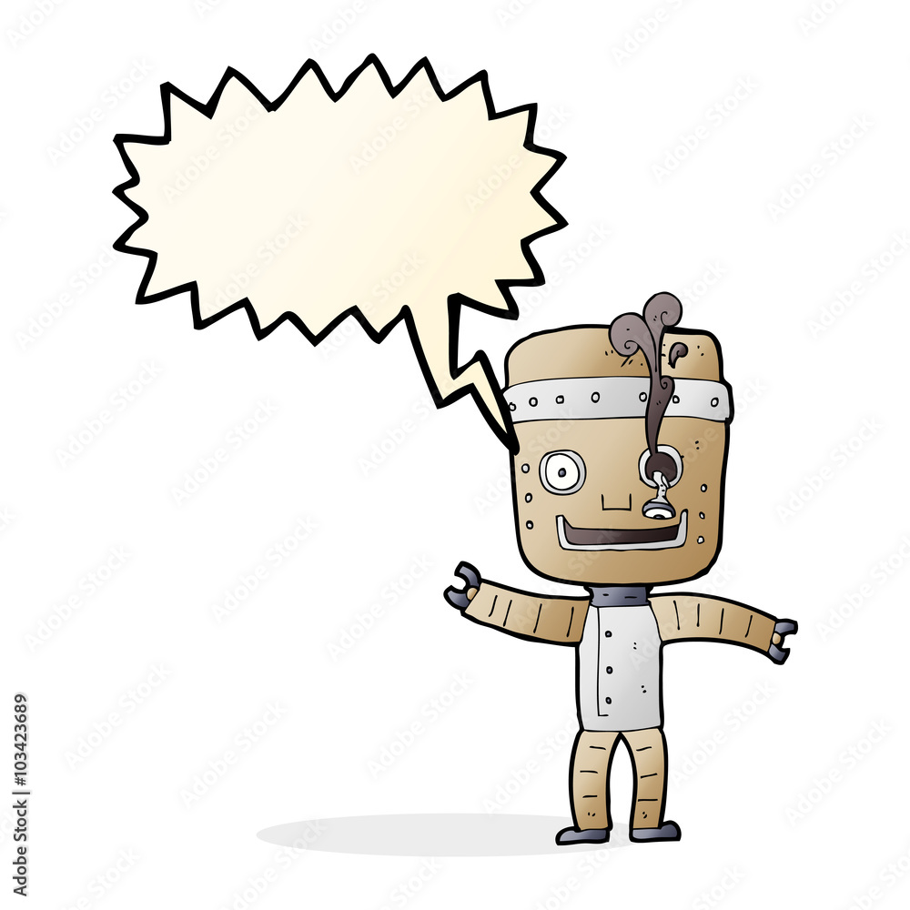 cartoon funny old robot with speech bubble