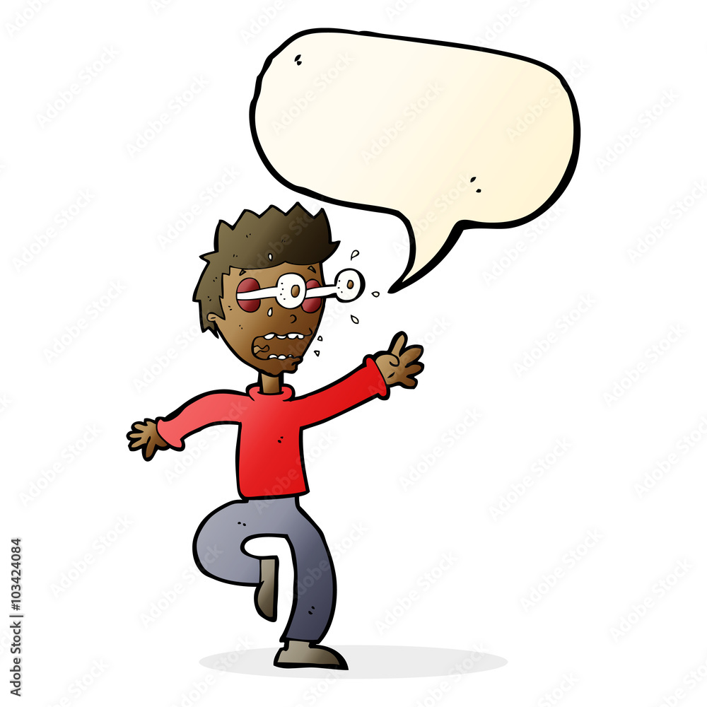 cartoon terrified man with eyes popping out with speech bubble