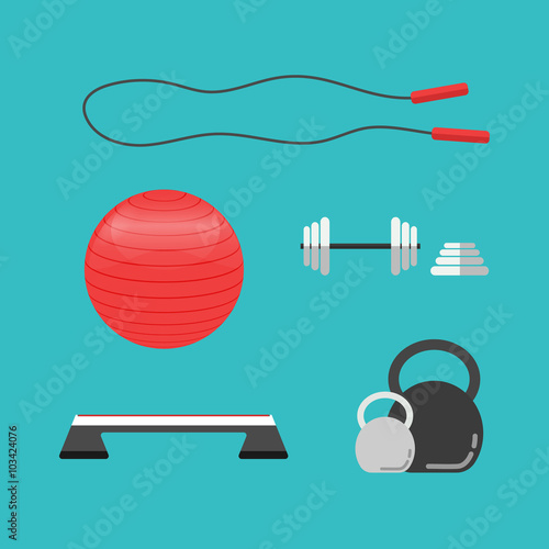Set of flat sports equipment icons for gym training, bodybuilding and active lifestyle, fitness elements isolated on background. Vector Treadmill, barbell, dumbbell, fitball, stepper, skipping rope