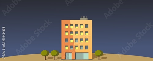 Edificio de apartamentos sobre un fondo nocturno. Ilustración vectorial