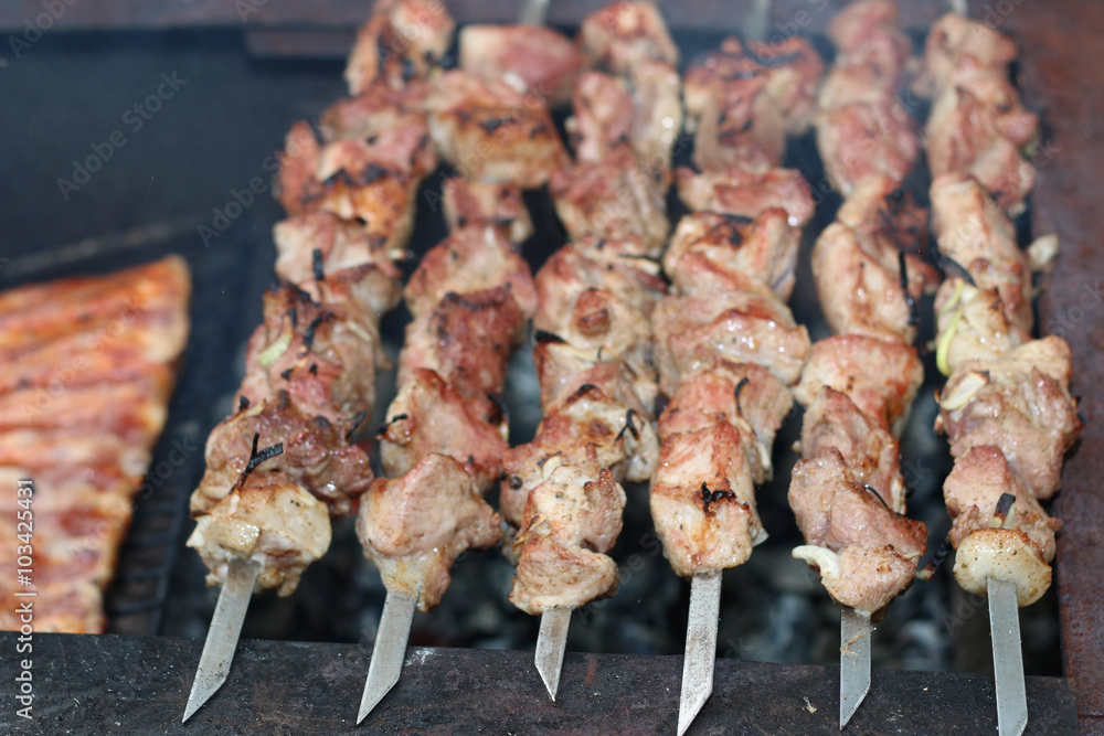 meat skewers on the barbecue coals meat skewers on the barbecue coals