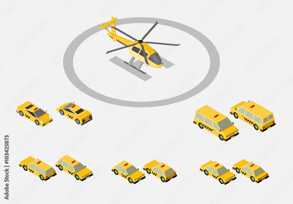 A set of isometric cars taxi and the helicopter A set of isometric cars taxi and the helicopter