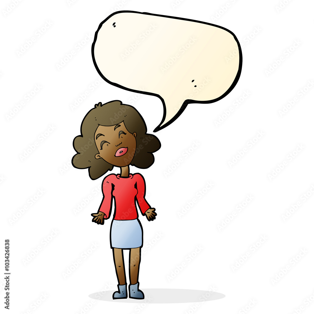 cartoon woman shrugging shoulders with speech bubble cartoon woman shrugging shoulders with speech bubble
