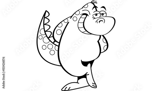 Black and white illustration of a bashful dinosaur.