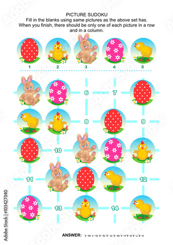 Easter holiday themed picture sudoku puzzle 5x5 (one block). Answer included.
