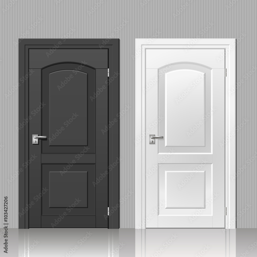 Door in the interior. Two doors in the black and white room interior vector