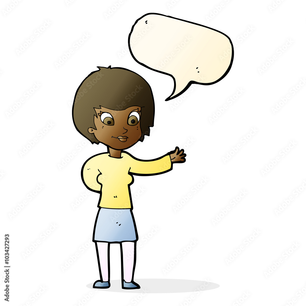 cartoon welcoming woman with speech bubble