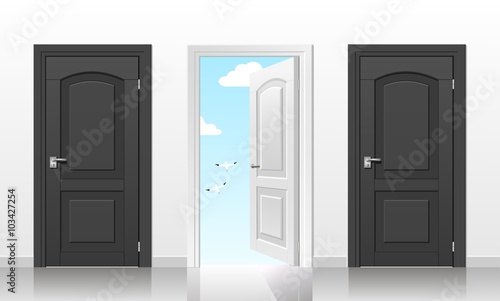 Fototapeta Naklejka Na Ścianę i Meble -  Door in the interior. Three doors in the interior of black and white in the open sky