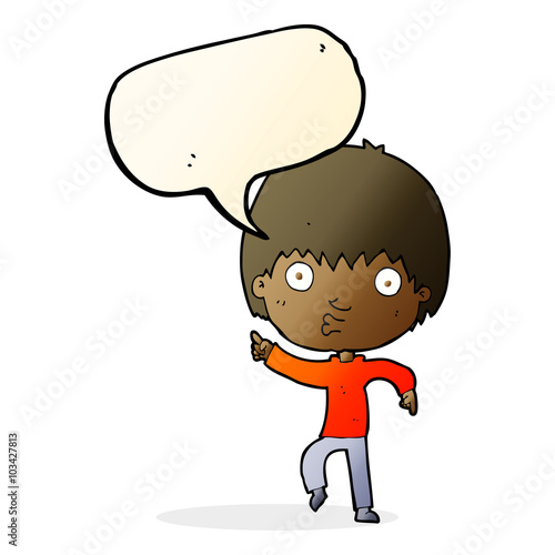 cartoon impressed boy pointing with speech bubble