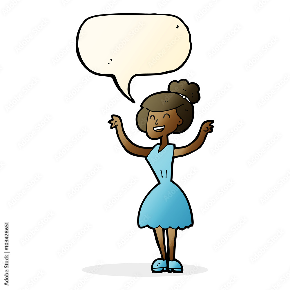 cartoon woman with raised arms with speech bubble cartoon woman with raised arms with speech bubble